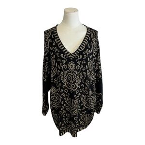PIERRE CARDIN‎ Black Gold Print Sweater Mini Dress size S M L V Neck Vintage VTG